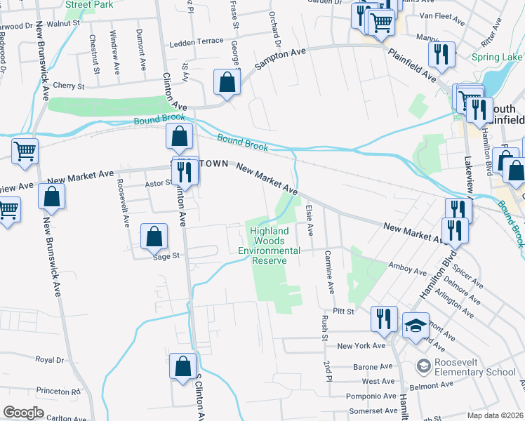 map of restaurants, bars, coffee shops, grocery stores, and more near 444 Highland Avenue in South Plainfield