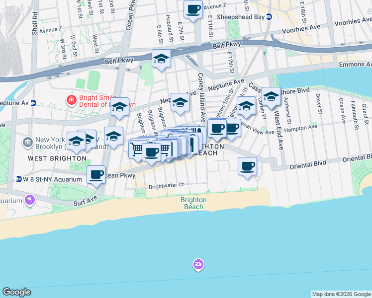 map of restaurants, bars, coffee shops, grocery stores, and more near 604 Brighton Beach Avenue in Brooklyn