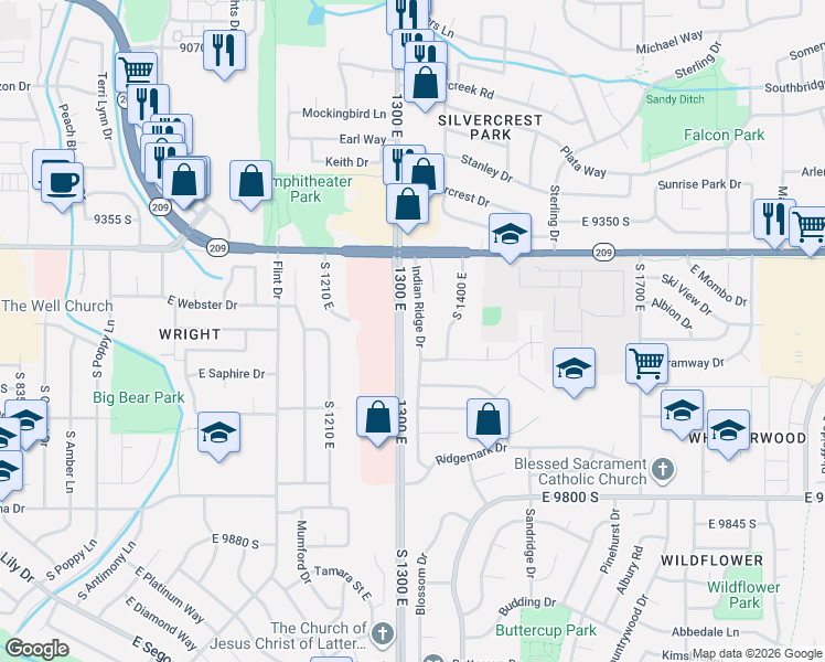 map of restaurants, bars, coffee shops, grocery stores, and more near East 9530 South in Sandy