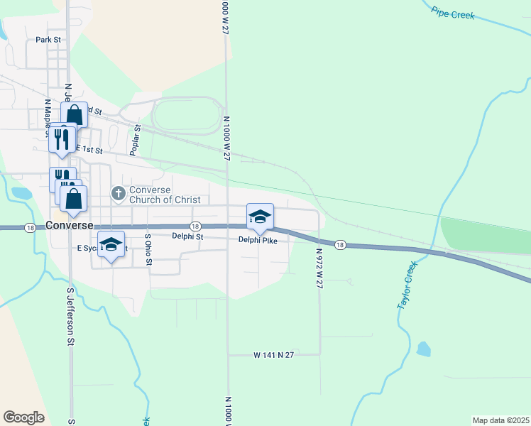 map of restaurants, bars, coffee shops, grocery stores, and more near 1004 East Wabash Street in Converse