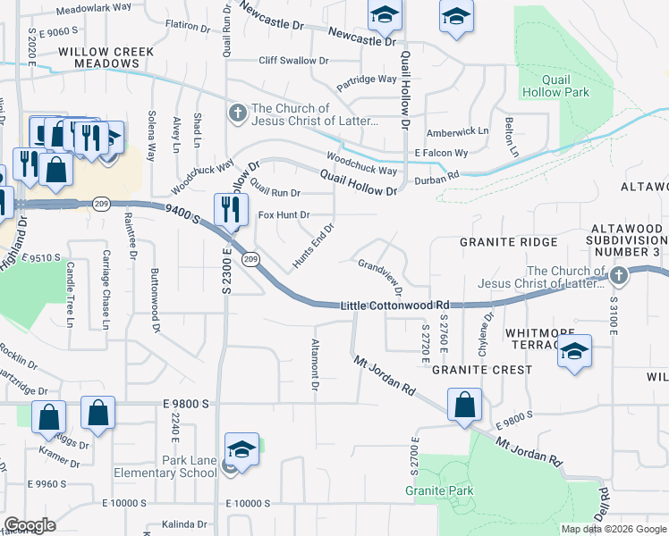 map of restaurants, bars, coffee shops, grocery stores, and more near 2534 East Grand Point Circle in Sandy