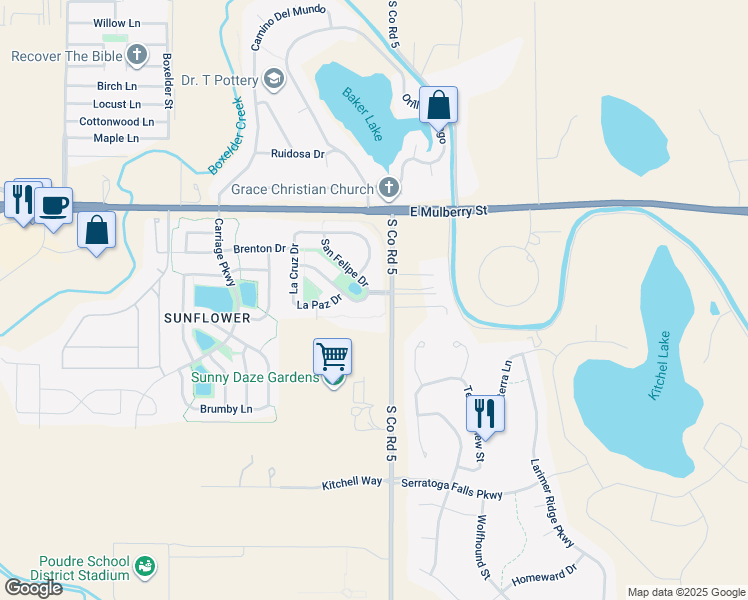 map of restaurants, bars, coffee shops, grocery stores, and more near 849 Vista Grande Circle in Fort Collins