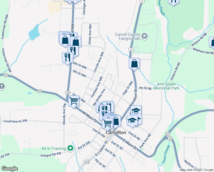map of restaurants, bars, coffee shops, grocery stores, and more near 286 5th Street Northwest in Carrollton