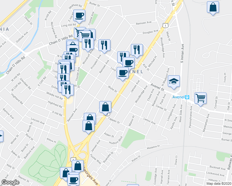 map of restaurants, bars, coffee shops, grocery stores, and more near 30 Wylie Street in Woodbridge Township