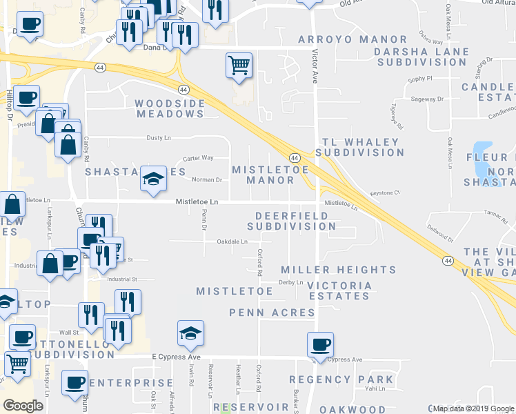 map of restaurants, bars, coffee shops, grocery stores, and more near 1573 Mistletoe Lane in Redding