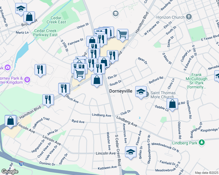 map of restaurants, bars, coffee shops, grocery stores, and more near 3156 South Drive in Allentown