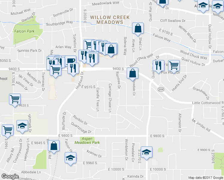 map of restaurants, bars, coffee shops, grocery stores, and more near 9525 Carriage Chase Lane in Sandy