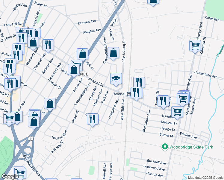 map of restaurants, bars, coffee shops, grocery stores, and more near 229 Avenel Street in Woodbridge Township