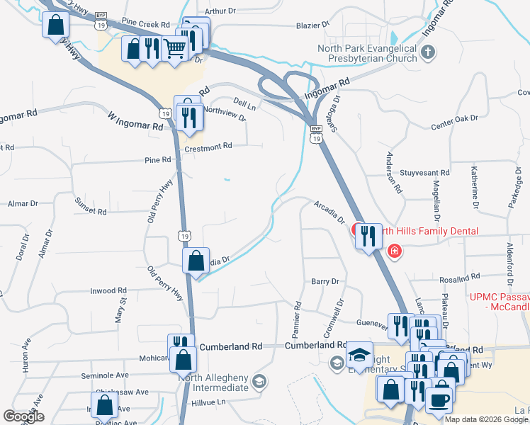 map of restaurants, bars, coffee shops, grocery stores, and more near 398 Arcadia Drive in Pittsburgh