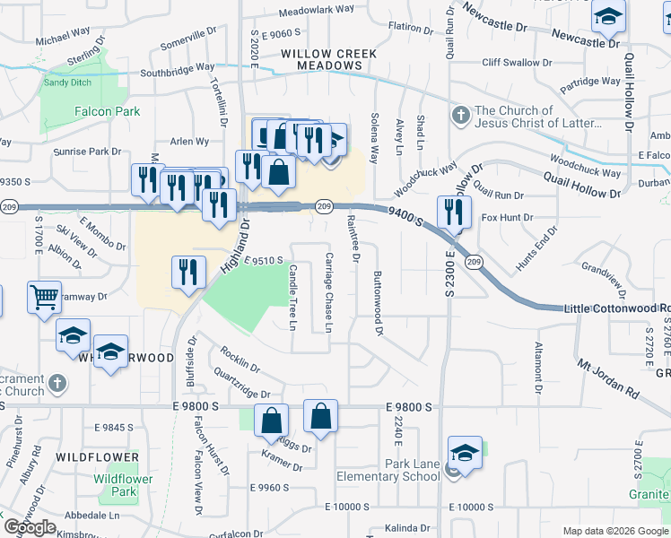 map of restaurants, bars, coffee shops, grocery stores, and more near 9525 Carriage Chase Lane in Sandy