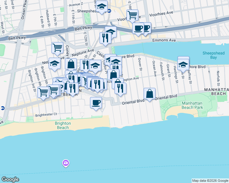 map of restaurants, bars, coffee shops, grocery stores, and more near 150 West End Avenue in Brooklyn