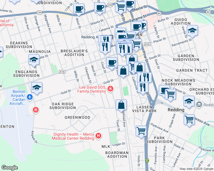 map of restaurants, bars, coffee shops, grocery stores, and more near 2020 Court Street in Redding