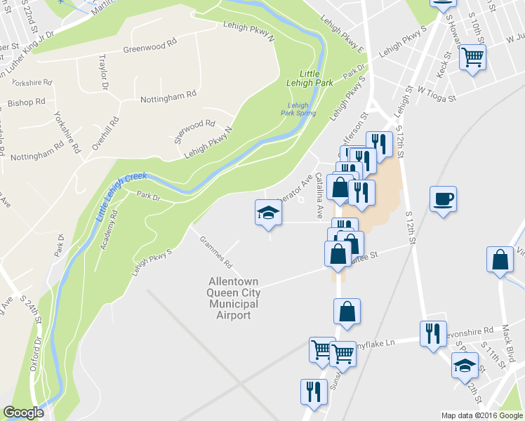 map of restaurants, bars, coffee shops, grocery stores, and more near 1605 Coronado Street in Allentown