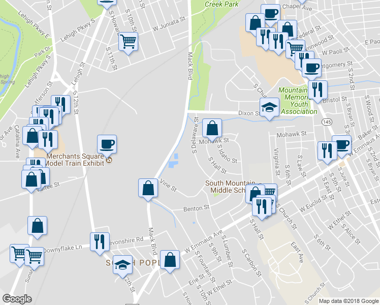 map of restaurants, bars, coffee shops, grocery stores, and more near 1920 South Delaware Street in Allentown