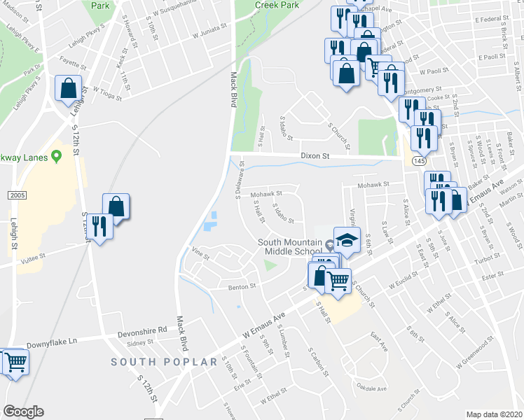 map of restaurants, bars, coffee shops, grocery stores, and more near 1925 South Hall Street in Allentown
