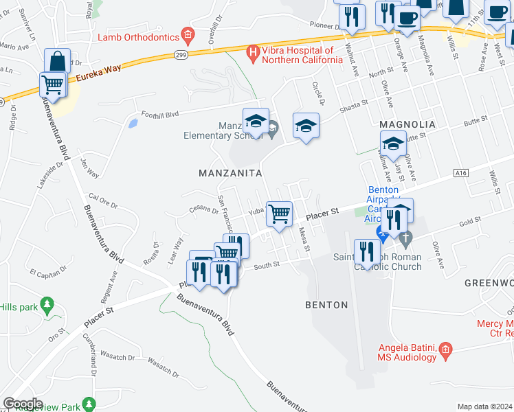 map of restaurants, bars, coffee shops, grocery stores, and more near 1545 Oak Street in Redding
