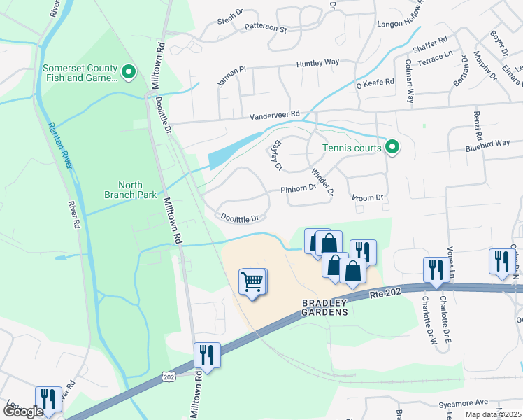 map of restaurants, bars, coffee shops, grocery stores, and more near 2413 Doolittle Drive in Bridgewater Township