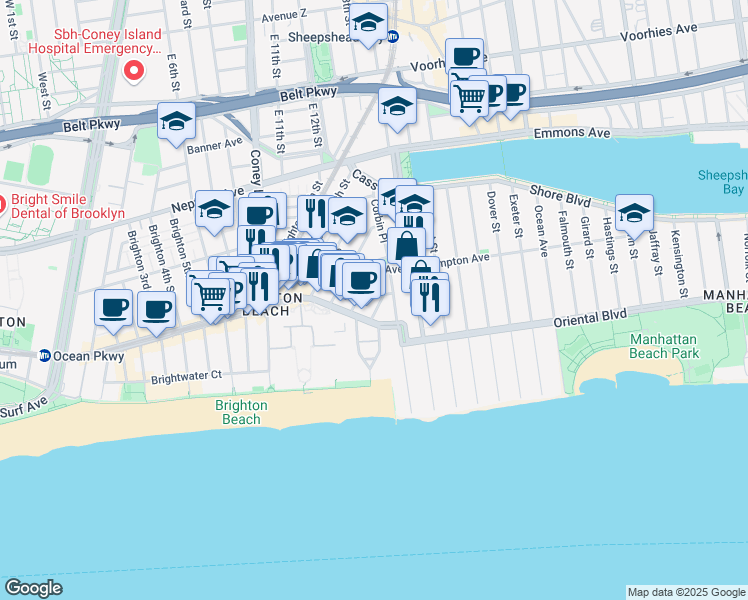 map of restaurants, bars, coffee shops, grocery stores, and more near 150 Brighton 15th Street in Brooklyn