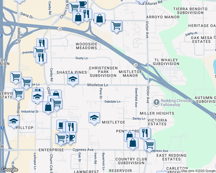 map of restaurants, bars, coffee shops, grocery stores, and more near 1445 Mistletoe Lane in Redding