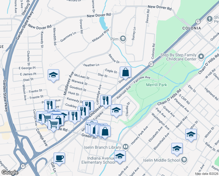 map of restaurants, bars, coffee shops, grocery stores, and more near 4 Warwick Street in Woodbridge Township