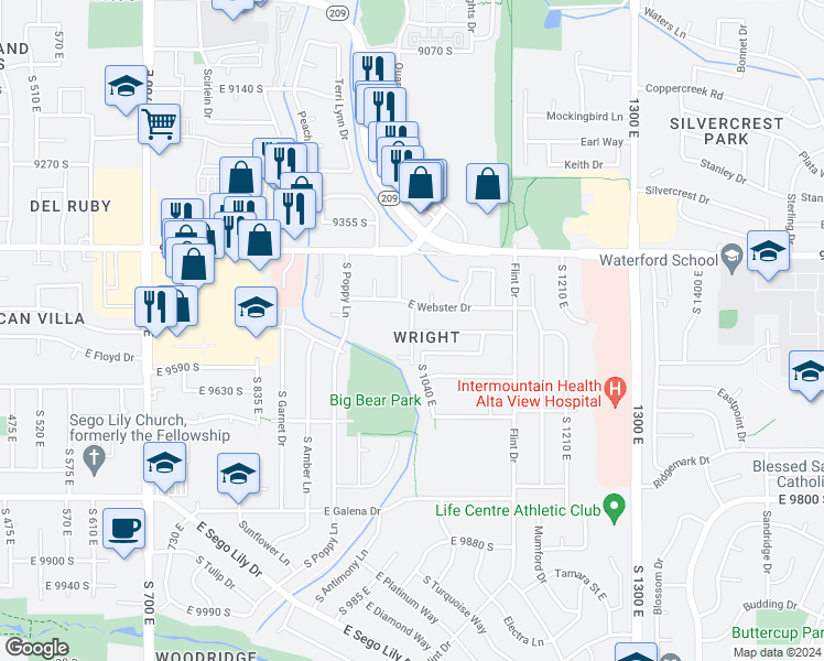 map of restaurants, bars, coffee shops, grocery stores, and more near 9580 South 1025 East in Sandy