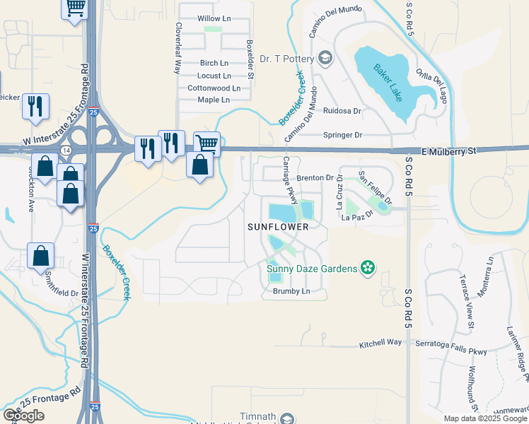 map of restaurants, bars, coffee shops, grocery stores, and more near 812 Jutland Lane in Fort Collins