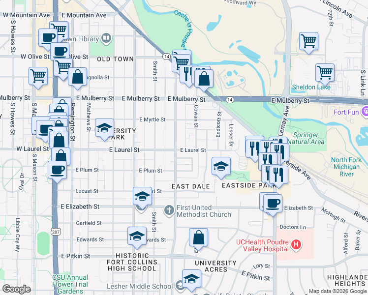 map of restaurants, bars, coffee shops, grocery stores, and more near 760 Eastdale Drive in Fort Collins