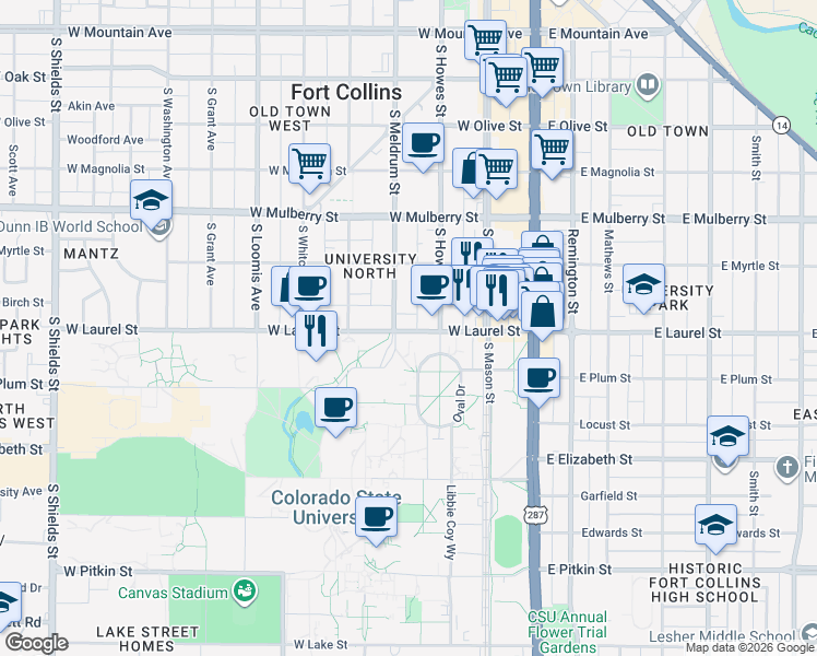 map of restaurants, bars, coffee shops, grocery stores, and more near 328 West Laurel Street in Fort Collins