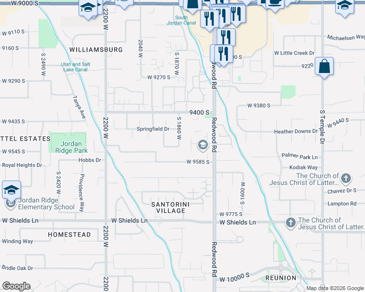 map of restaurants, bars, coffee shops, grocery stores, and more near 1877 West 9525 South in South Jordan