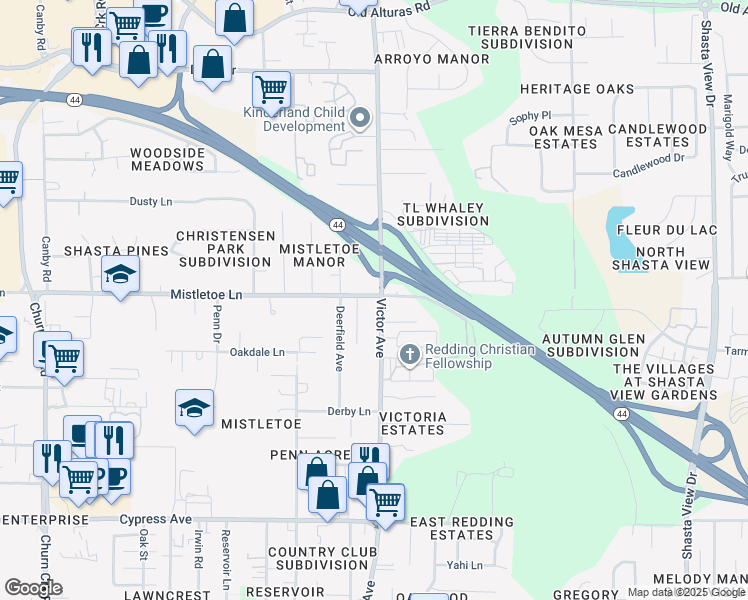 map of restaurants, bars, coffee shops, grocery stores, and more near 2021 Victor Avenue in Redding