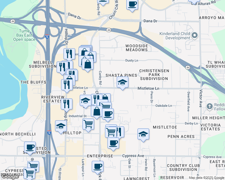 map of restaurants, bars, coffee shops, grocery stores, and more near 1010 Shepard Court in Redding
