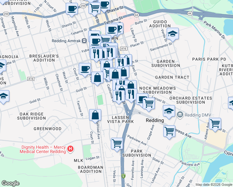 map of restaurants, bars, coffee shops, grocery stores, and more near 2141 California Street in Redding