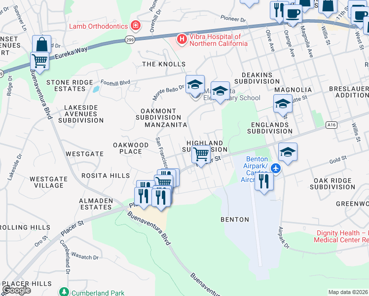 map of restaurants, bars, coffee shops, grocery stores, and more near 1555 Oak Street in Redding