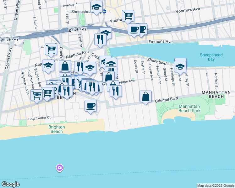 map of restaurants, bars, coffee shops, grocery stores, and more near 153 West End Avenue in Brooklyn