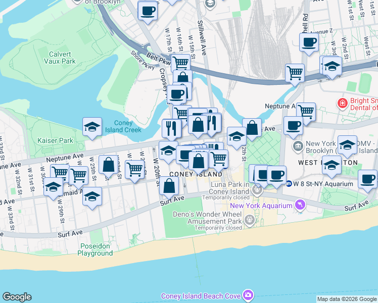 map of restaurants, bars, coffee shops, grocery stores, and more near 2840 West 16th Street in Brooklyn