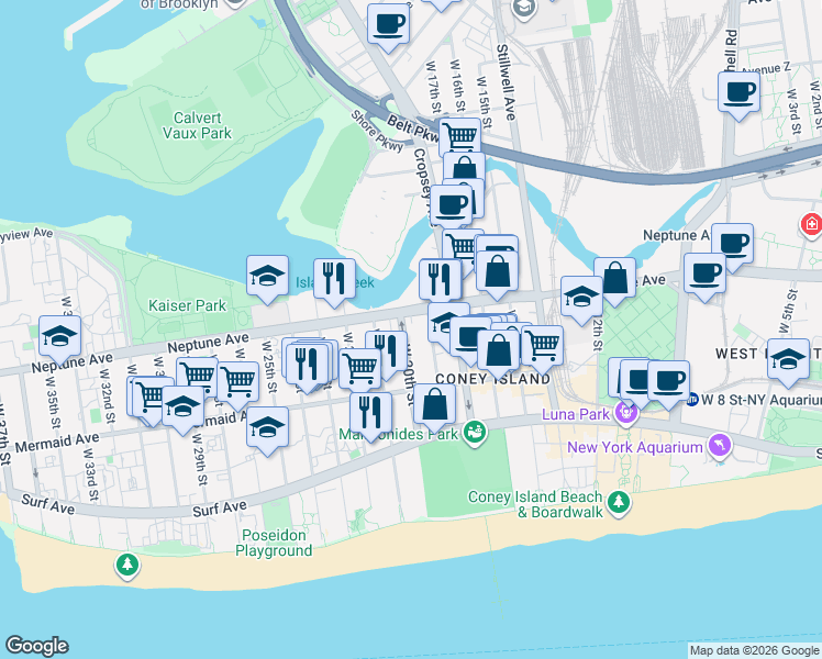 map of restaurants, bars, coffee shops, grocery stores, and more near 2824 West 20th Street in Brooklyn