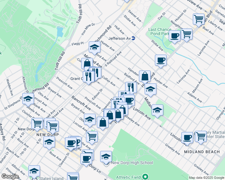 map of restaurants, bars, coffee shops, grocery stores, and more near 201 Lincoln Avenue in Staten Island