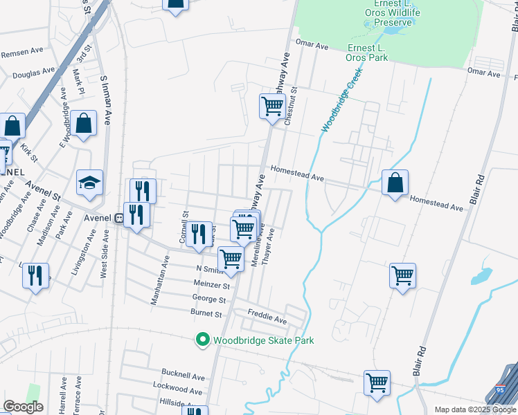 map of restaurants, bars, coffee shops, grocery stores, and more near 1065 Rahway Avenue in Woodbridge Township
