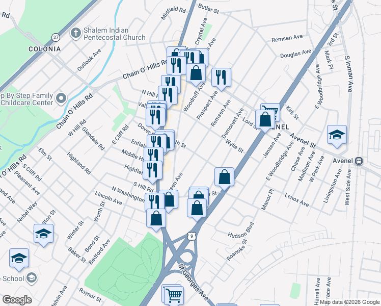 map of restaurants, bars, coffee shops, grocery stores, and more near 101 Remsen Avenue in Woodbridge Township