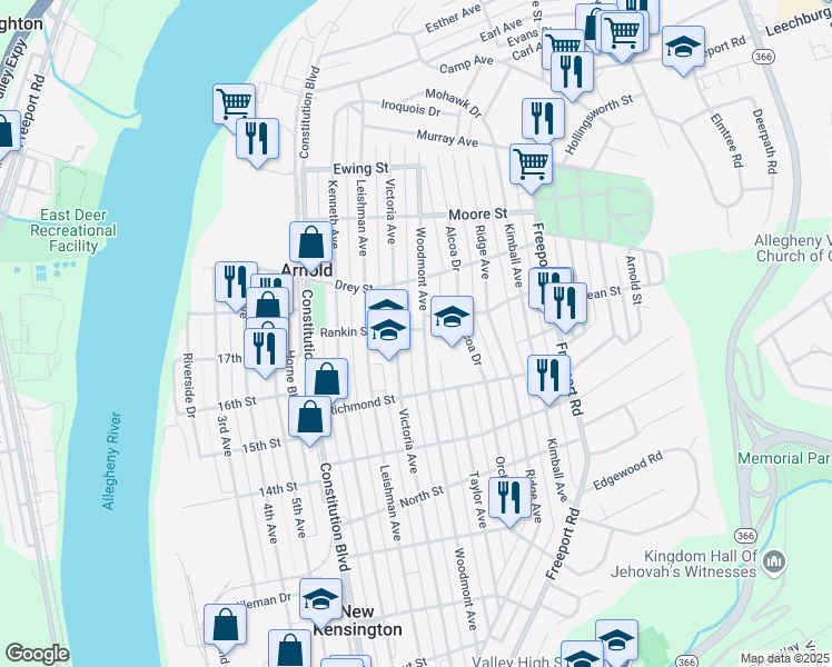 map of restaurants, bars, coffee shops, grocery stores, and more near 1735 Woodmont Avenue in New Kensington