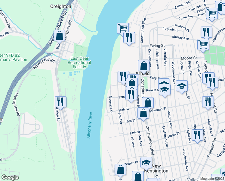 map of restaurants, bars, coffee shops, grocery stores, and more near 1716 Riverside Drive in Arnold