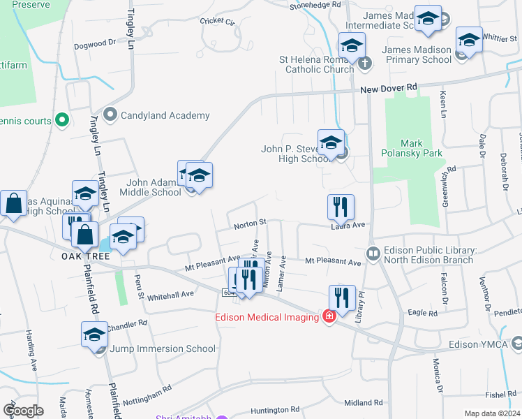 map of restaurants, bars, coffee shops, grocery stores, and more near 52 Montclair Avenue in Edison