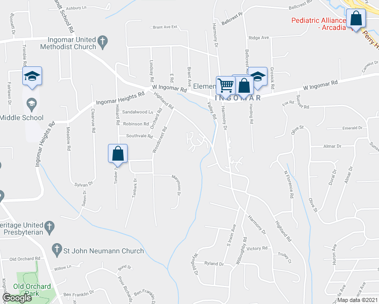 map of restaurants, bars, coffee shops, grocery stores, and more near 307 Olde Ingomar Court in Pittsburgh