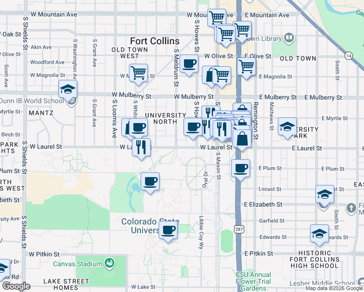 map of restaurants, bars, coffee shops, grocery stores, and more near 328 West Laurel Street in Fort Collins