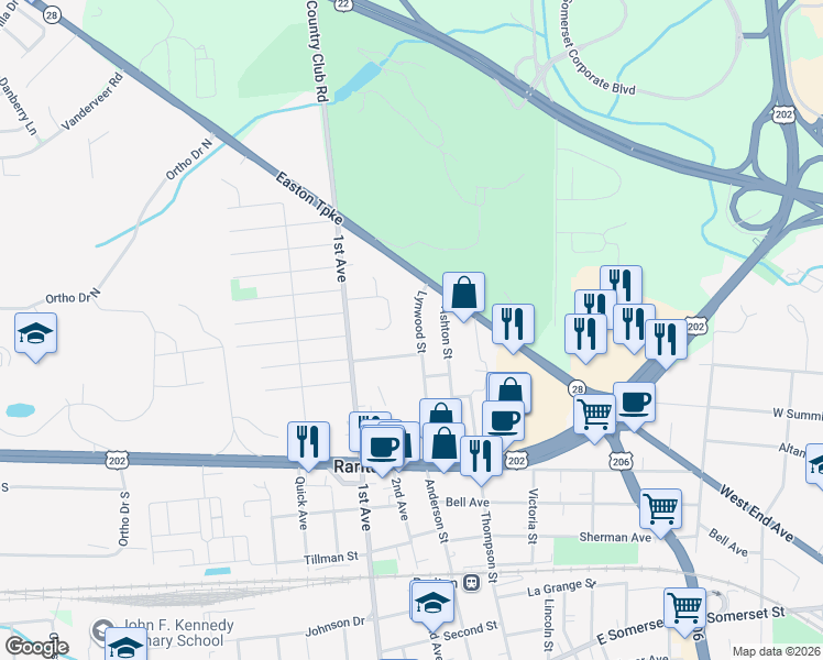 map of restaurants, bars, coffee shops, grocery stores, and more near 807 Lynwood Street in Raritan