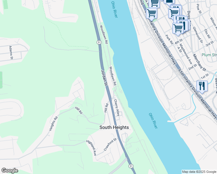 map of restaurants, bars, coffee shops, grocery stores, and more near 3917 North Jordan Road in Aliquippa