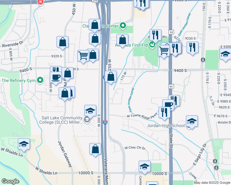 map of restaurants, bars, coffee shops, grocery stores, and more near 9551 Brandy Creek Drive in Sandy