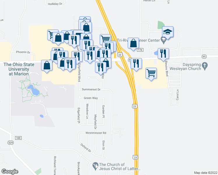 map of restaurants, bars, coffee shops, grocery stores, and more near 340 James Way in Marion