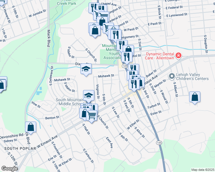 map of restaurants, bars, coffee shops, grocery stores, and more near 556 West Barner Street in Allentown
