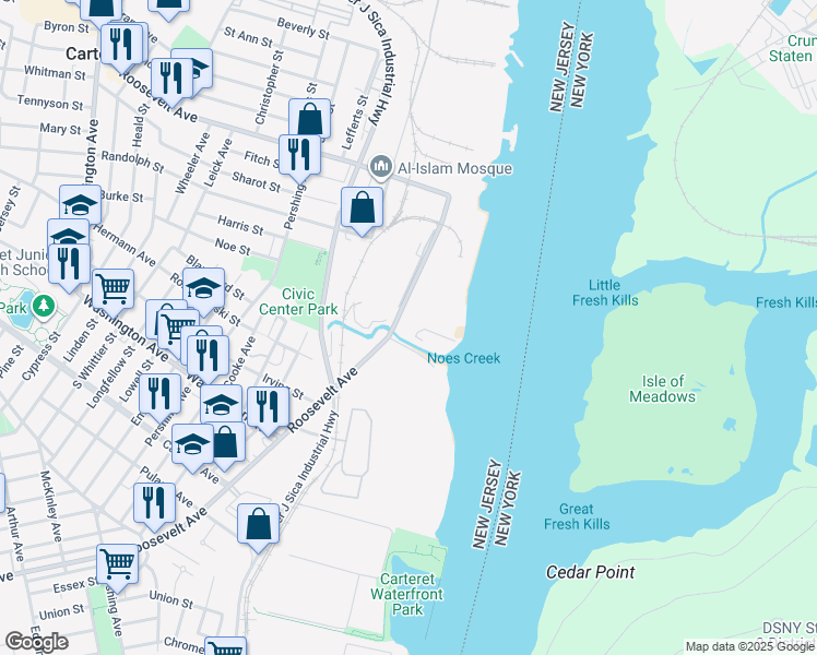 map of restaurants, bars, coffee shops, grocery stores, and more near 350 Roosevelt Avenue in Carteret